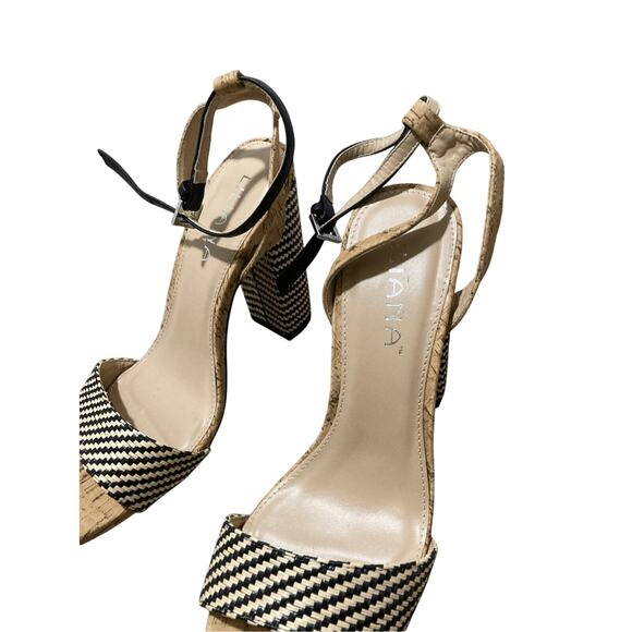 Liliana SZ 7 Cork Striped Block Monochromatic Open Toed Heels Preppy Minimalist - Picture 3 of 10